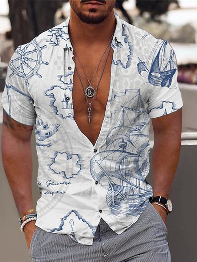  Men's Shirt Summer Hawaiian Shirt 3D Print Graphic Patterned Hawaiian Aloha Map Design Turndown Street Casual Button-Down Print Short Sleeve Tops Designer Casual Fashion Breathable Green Blue