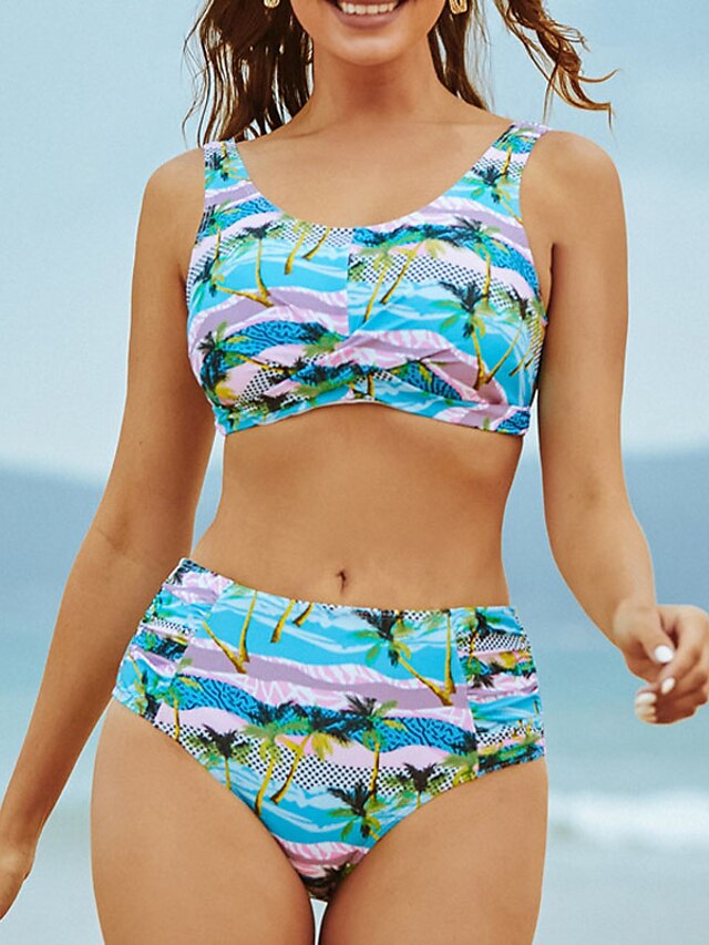 Womens Clothing Womens Swimwear | Womens Swimwear Bikini 2 Piece Normal Swimsuit Open Back Printing Floral Pure Color Green Blac