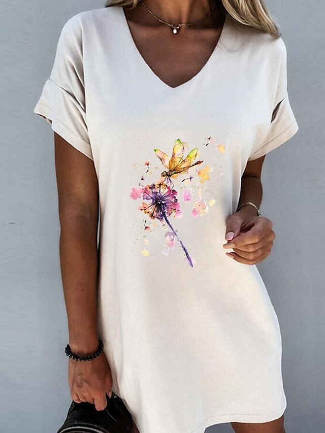 Womens Clothing Womens Dresses | Womens T Shirt Dress Tee Dress Short Mini Dress White Black Gray Short Sleeve Floral Print Summ