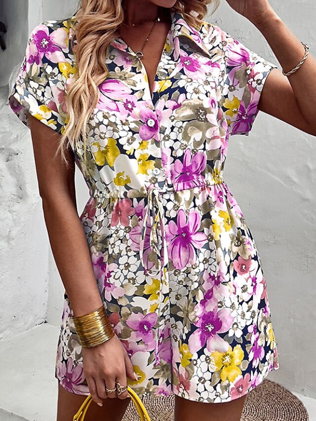 Womens Clothing Womens Jumpsuits & Rompers | Womens Romper Print Floral V Neck Casual Holiday Going out Regular Fit Short Sleeve