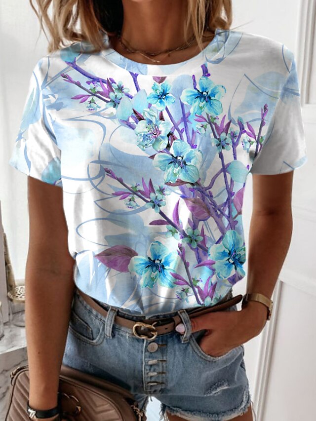 Women's Floral Design T shirt Floral Graphic Print Round Neck Basic Tops Blue Purple Orange / 3D Print