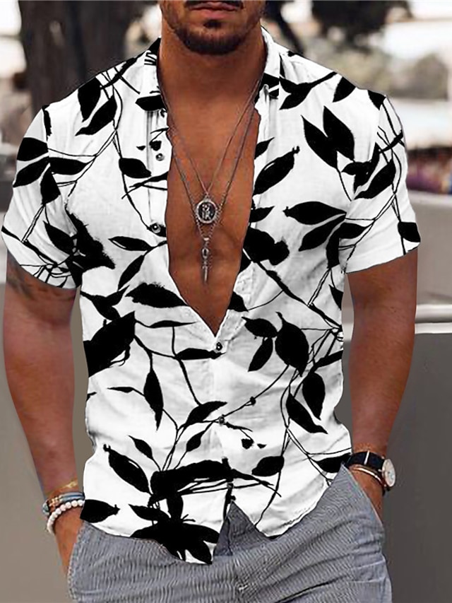  Men's Summer Hawaiian Shirt Shirt Print Graphic Patterned Hawaiian Aloha Leaves Design Turndown Street Casual Button-Down Print Short Sleeve Tops Designer Casual Fashion Breathable White Blue Purple
