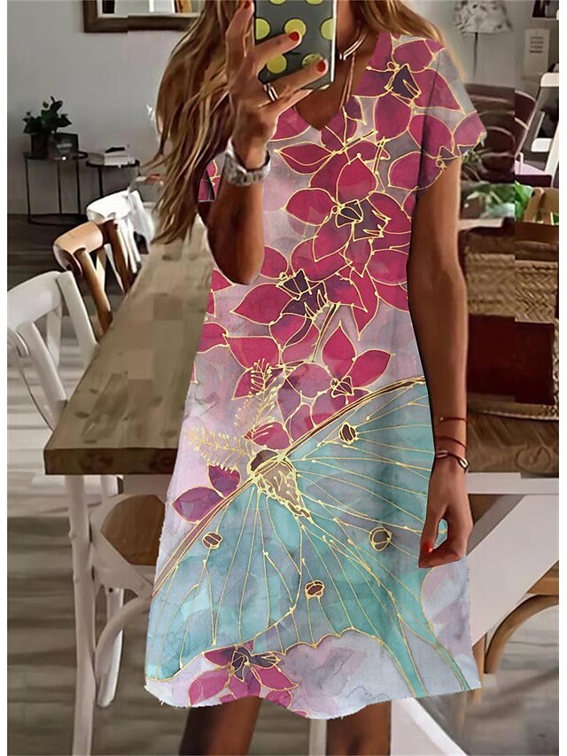 Womens Clothing Womens Dresses | Womens Shift Dress Knee Length Dress Pink Short Sleeve Floral Print Spring Summer V Neck Stylis