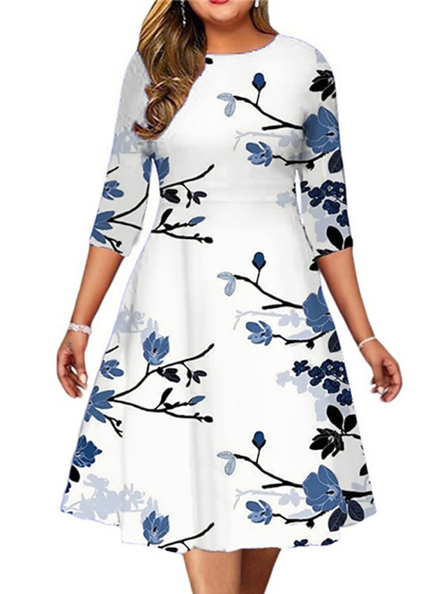 Womens Clothing Plus Size Collection | Womens Plus Size A Line Dress Floral Round Neck Print 3/4 Length Sleeve Spring Summer Cas