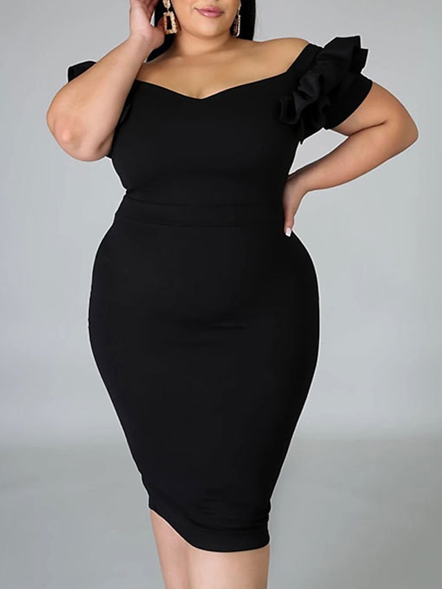 Womens Clothing Plus Size Collection | Womens Plus Size Sheath Dress Solid Color Off Shoulder Ruffle Short Sleeve Spring Summer 