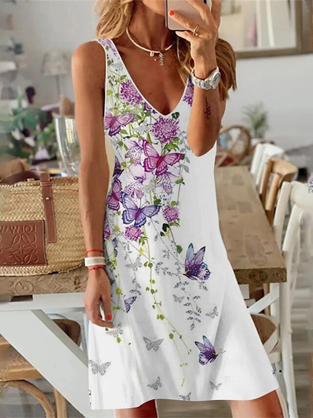 Womens Clothing Womens Dresses | Womens A Line Dress Knee Length Dress White Sleeveless Floral Butterfly Print Spring Summer V N