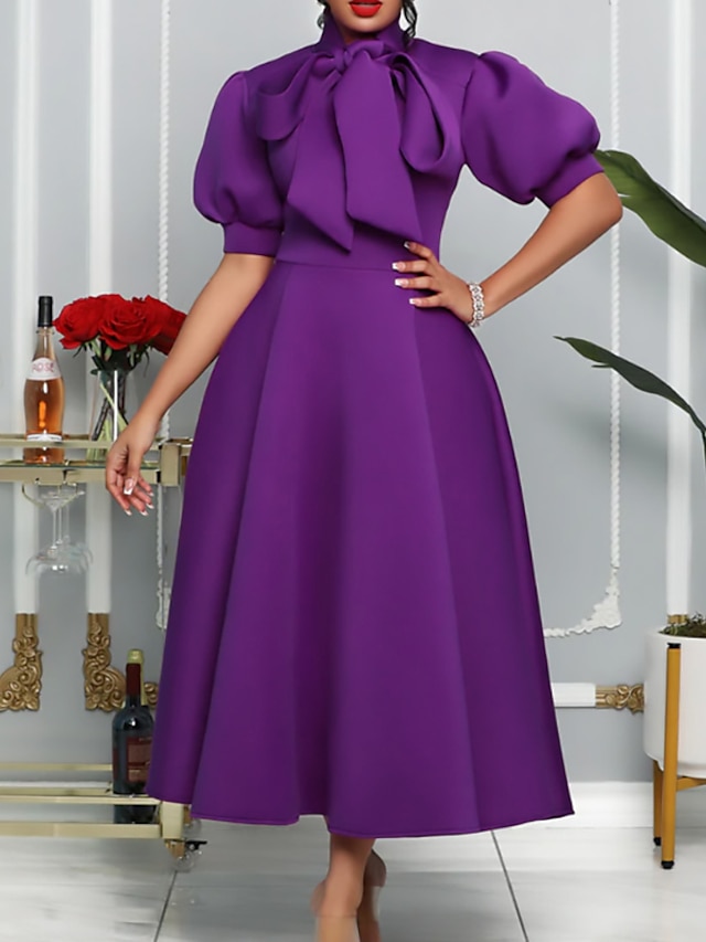  Women's Party Dress Long Dress Maxi Dress Purple Yellow Red Short Sleeve Pure Color Bow Spring Summer High Neck Party Christmas 2022 S M L XL XXL 3XL