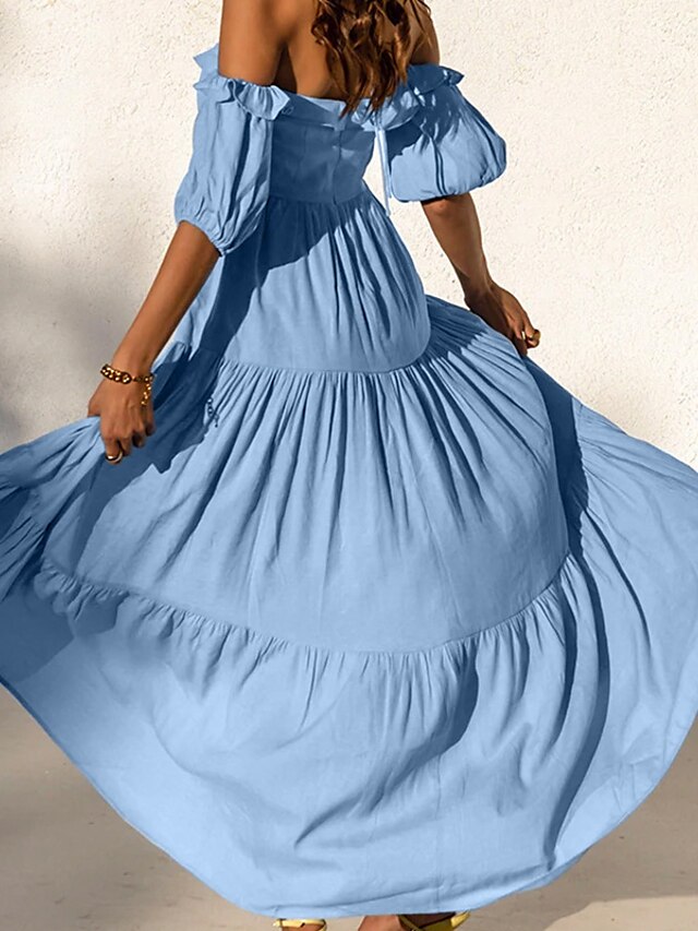 Womens Clothing Womens Dresses | Womens Swing Dress Midi Dress Blue Short Sleeve Pure Color Backless Split Ruched Spring Summer 