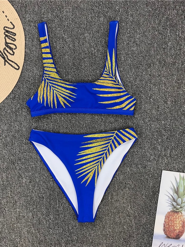 Womens Clothing Womens Swimwear | Womens Swimwear Bikini 2 Piece Normal Swimsuit Open Back Printing Leaves Green White Black Blu