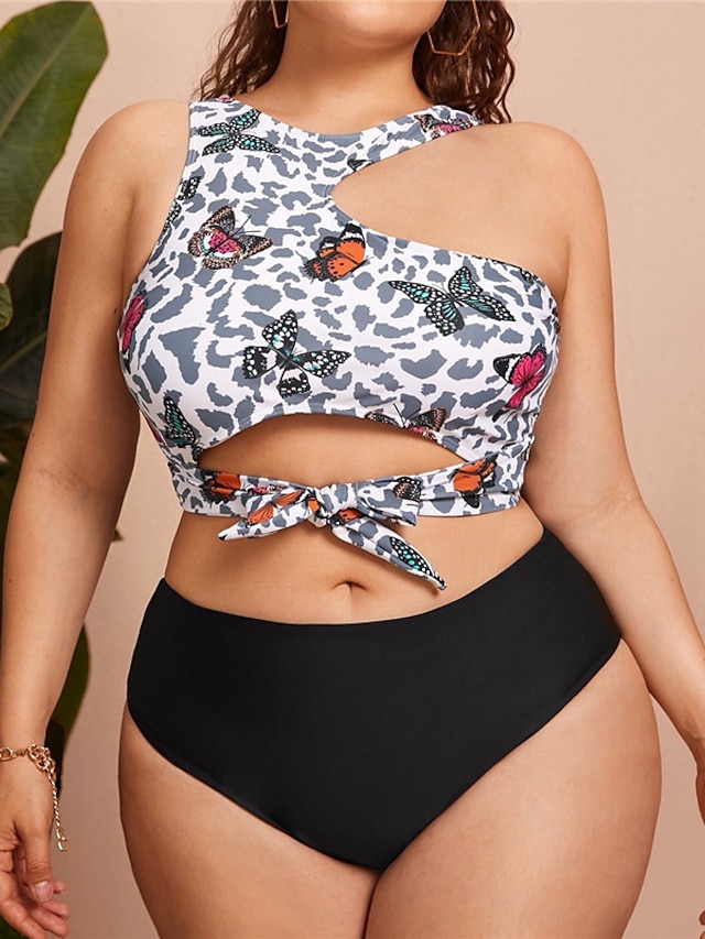 Womens Clothing Womens Swimwear | Womens Swimwear Bikini 2 Piece Plus Size Swimsuit Cut Out Printing for Big Busts Butterfly Leo