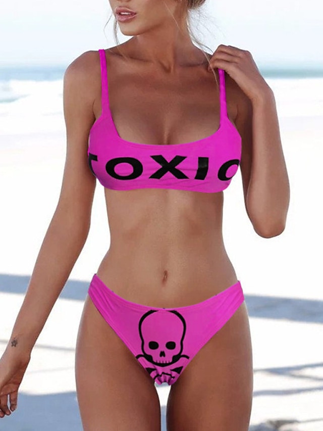 Womens Clothing Womens Swimwear | Womens Swimwear Bikini 2 Piece Normal Swimsuit Open Back Printing Skull Letter Green Blue Fuch