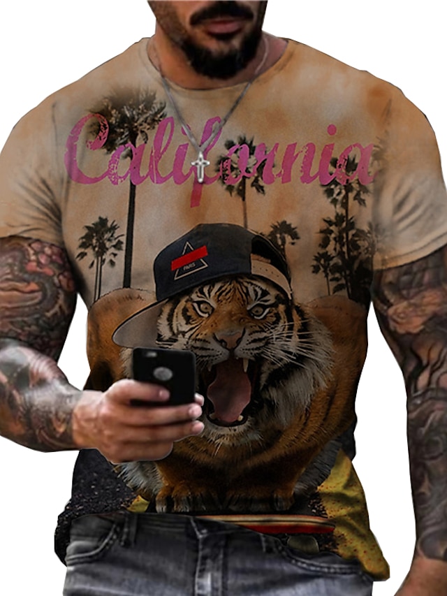 Mens Clothing Mens Tees & Tank Tops | Mens Unisex T shirt Tee 3D Print Graphic Prints Tiger Crew Neck Street Daily Print Short S