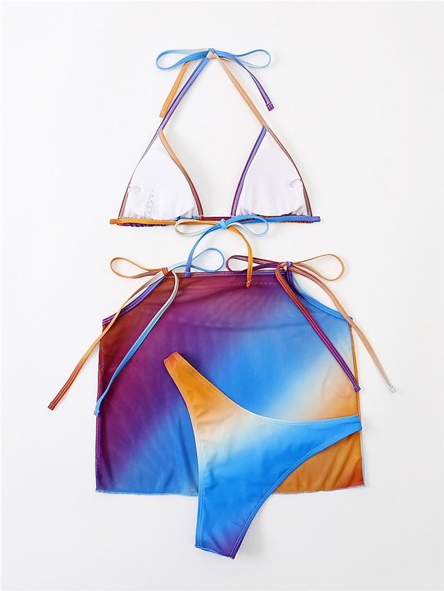 Womens Clothing Womens Swimwear | Womens Swimwear Bikini Three Piece Normal Swimsuit Open Back Printing string Gradient Color Bl