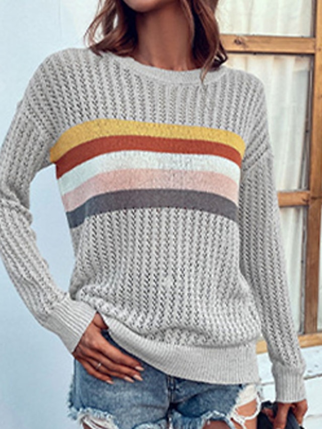 Womens Clothing Sweaters & Cardigans | Womens Pullover Sweater Jumper crochet Knit Stripe Knitted Striped Crew Neck Stylish Casu