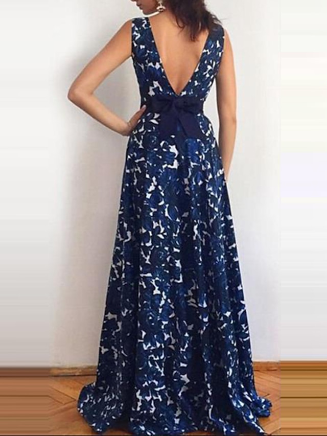 Womens Clothing Womens Dresses | Womens A Line Dress Maxi long Dress Blue Sleeveless Floral Backless Print Spring Summer Round N