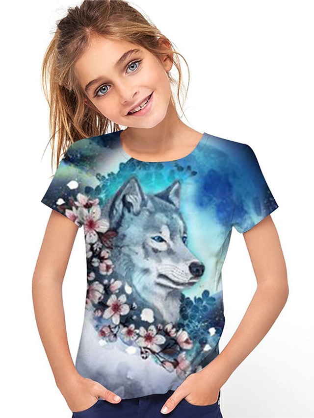  女の子 3D 動物 フラワー オオカミ Tシャツ 半袖 3Dプリント 夏 春 活発的 ファッション かわいいスタイル ポリエステル 子供 3〜12年 アウトドア 日常 レギュラー