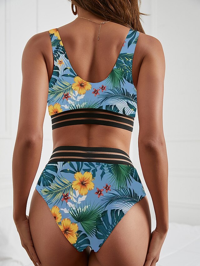 Womens Clothing Womens Swimwear | Womens Swimwear Bikini 2 Piece Normal Swimsuit Backless Printing High Waisted Floral Leaf Blac