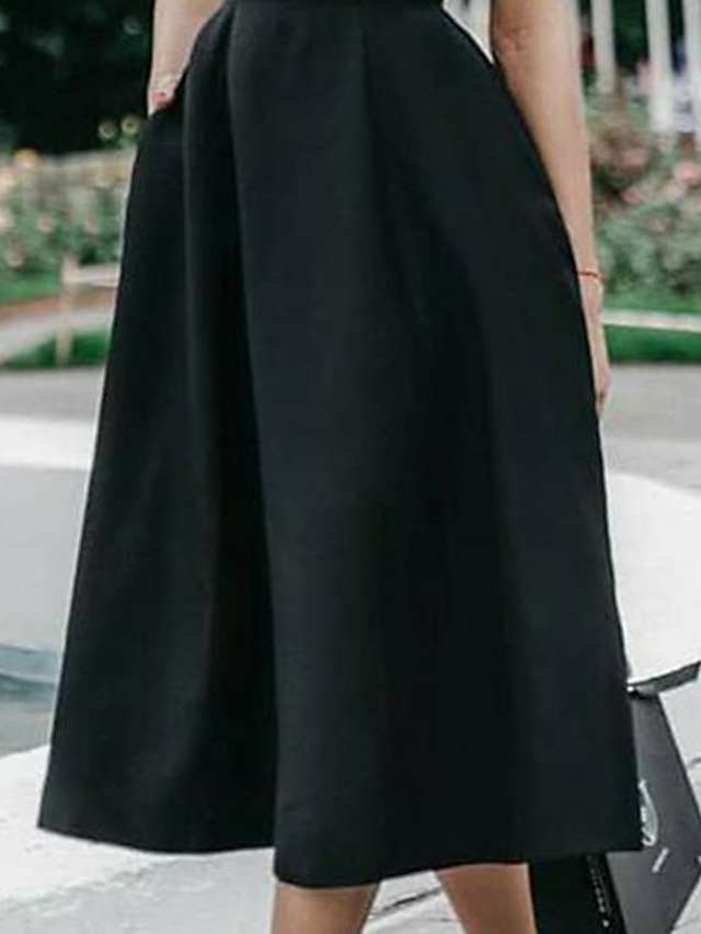 Womens Clothing Womens Dresses | Womens A Line Dress Midi Dress Black Short Sleeve Solid Color Zipper Fall Summer Round Neck Ele