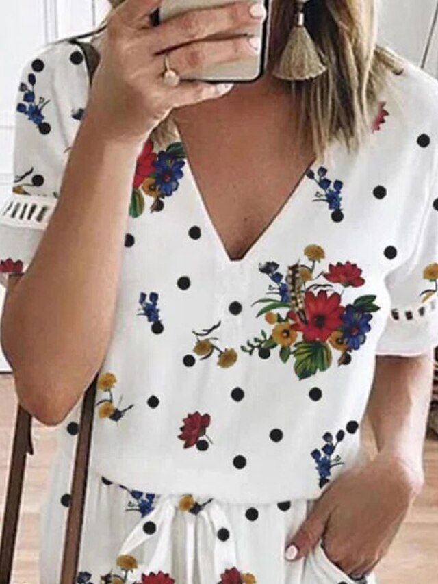 Womens Clothing Womens Jumpsuits & Rompers | Womens Romper Backless Floral V Neck Casual Home Daily Regular Fit Short Sleeve Whi