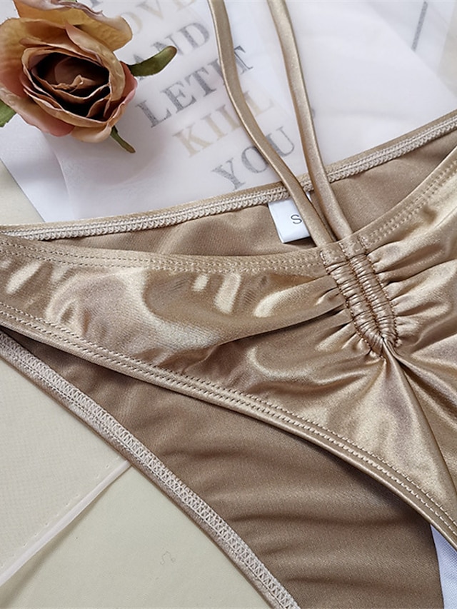 Womens Clothing Womens Swimwear | Womens Swimwear Bikini 2 Piece Normal Swimsuit Open Back Pure Color Gold Bandeau Strapless Bat