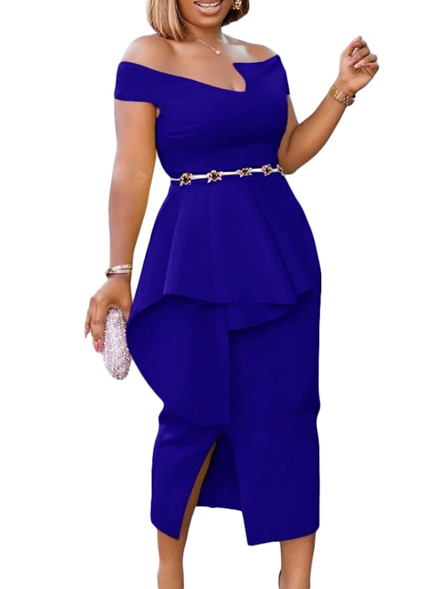 Womens Clothing Womens Dresses | Womens Sheath Dress Midi Dress Blue Wine Yellow Short Sleeve Pure Color Split Ruched Cold Shoul