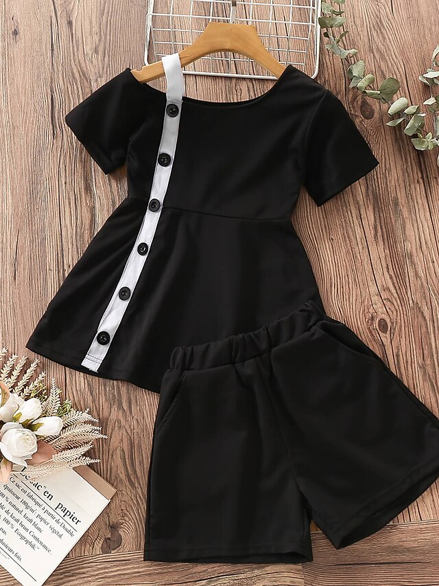 Baby & Kids Girls Clothing | Kids Girls Childrens Day T-shirt & Shorts Pants Set Clothing Set 2 Pieces Short Sleeve Black Solid 