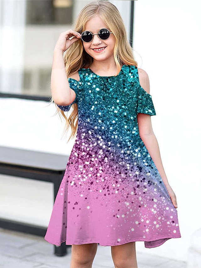  Kids Girls' rainbow Color Dress Gradient Sequins Off Shoulder Daily Holiday Vacation Print Purple Above Knee Short Sleeve Casual Cute Sweet Dresses Regular Fit 3-12 Years