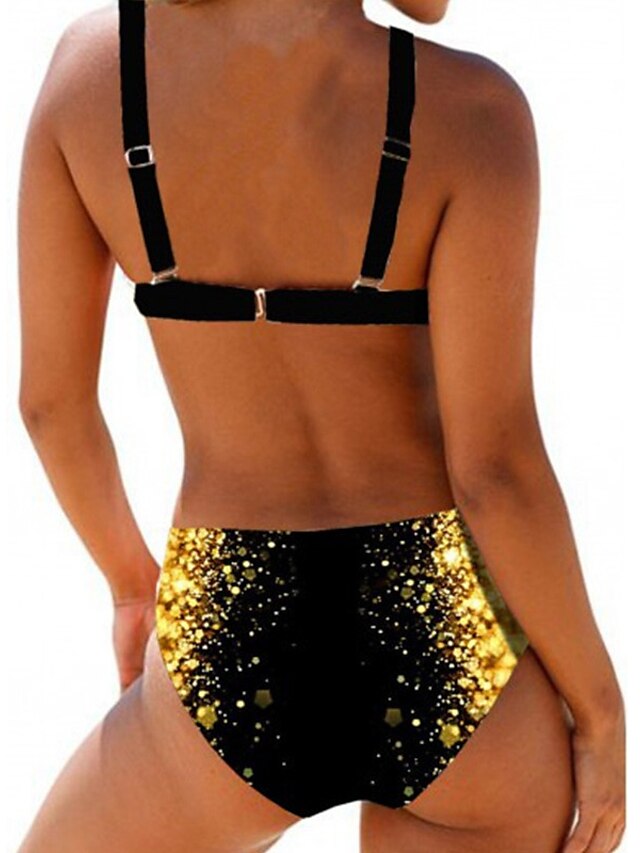 Womens Clothing Womens Swimwear | Womens Swimwear Bikini 2 Piece Normal Swimsuit Open Back Printing Gradient Color Gold V Wire B