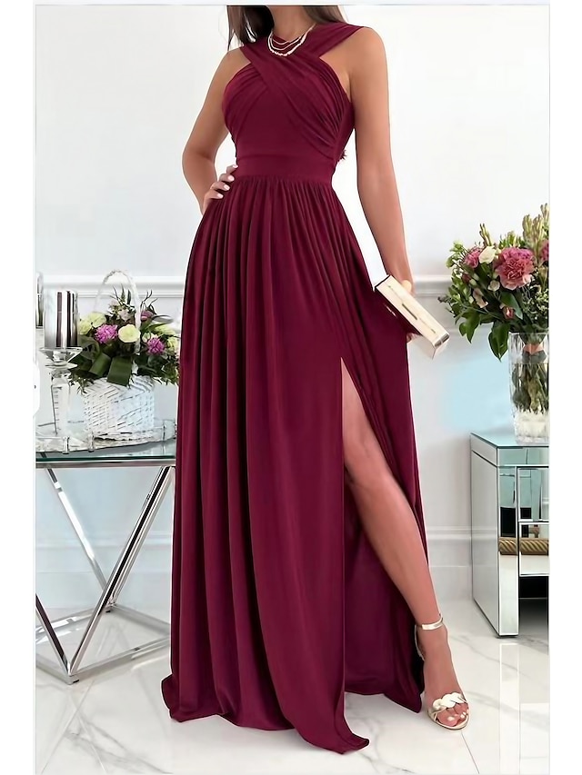  שמלת מסיבה לנשים שמלת אורח כלה שמלת מקסי שמלת מקסי יין אדום בז' ללא שרוולים צבע טהור ללא גב אביב קיץ צווארון 2023 s m l xl xxl