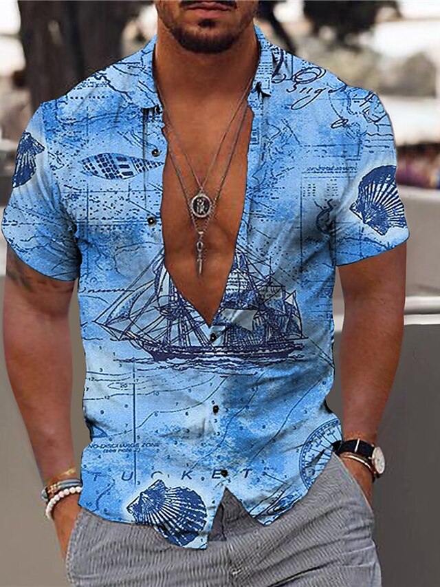  Men's Shirt Summer Hawaiian Shirt 3D Print Graphic Patterned Hawaiian Aloha Map Rudder Turndown Street Casual Button-Down Print Short Sleeve Tops Designer Casual Fashion Breathable Green Blue Gray