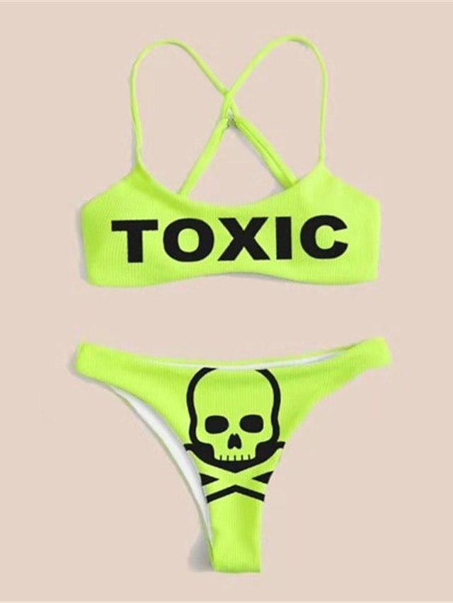 Womens Clothing Womens Swimwear | Womens Swimwear Bikini 2 Piece Normal Swimsuit Open Back Printing Skull Letter Green Blue Fuch