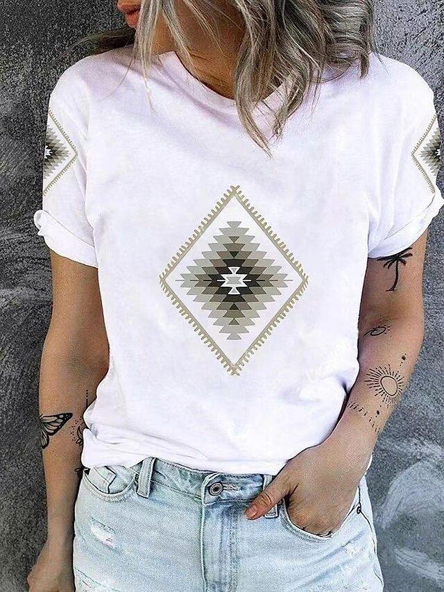 Womens Clothing Womens Tops | Womens Plaid Tribal Casual Daily Sports Geometric T shirt Tee Short Sleeve Patchwork Print Round N