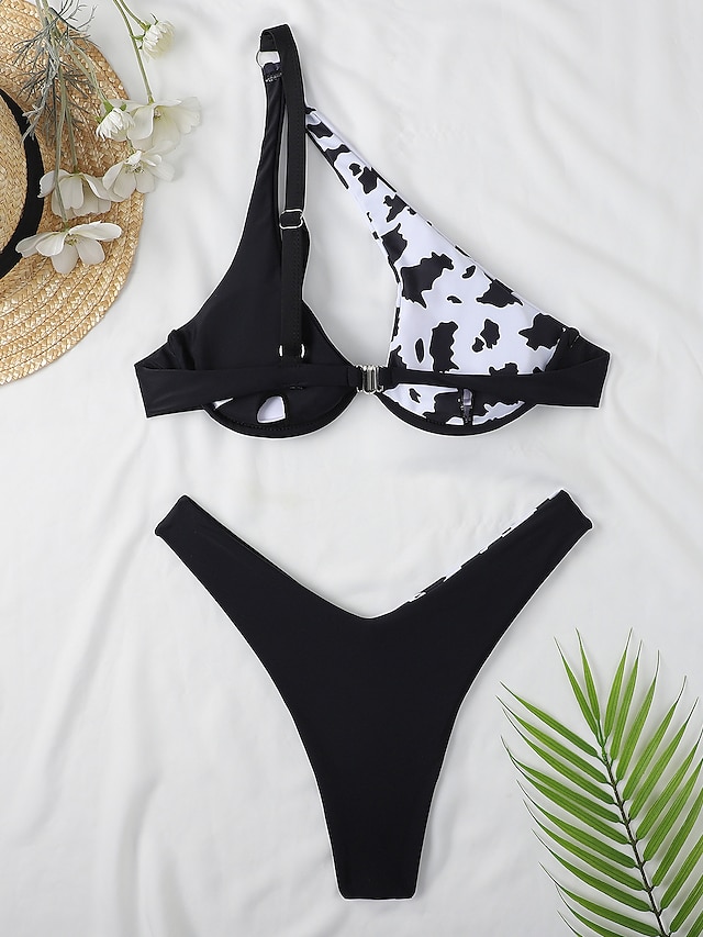 Womens Clothing Womens Swimwear | Womens Swimwear Bikini 2 Piece Normal Swimsuit Backless 2 Piece Printing Hole Color Block Cow 