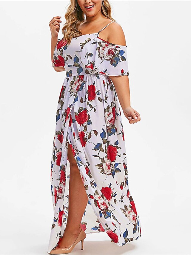 Womens Clothing Plus Size Collection | Womens Plus Size A Line Dress Floral Off Shoulder Print Short Sleeve Spring Summer Sexy M