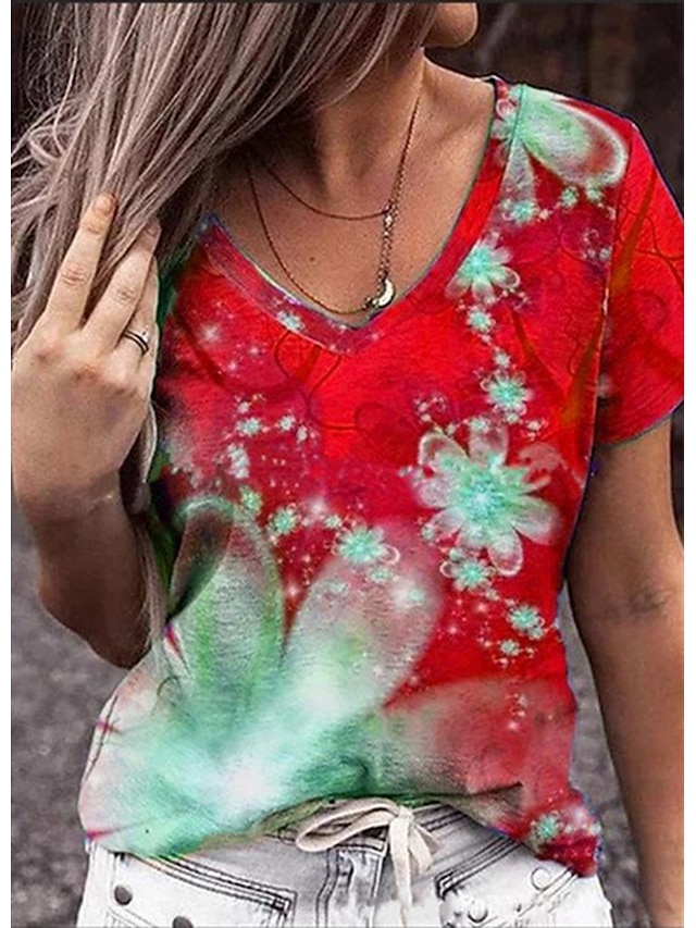 Womens Clothing Womens Tops | Womens Floral Casual Weekend Floral Painting T shirt Tee Short Sleeve Print V Neck Basic Essential