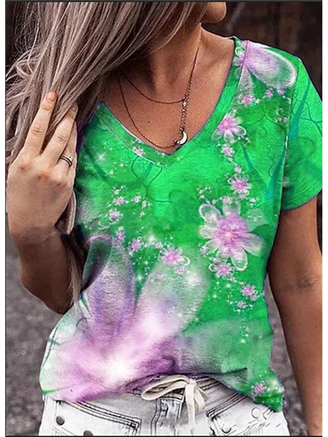 Womens Clothing Womens Tops | Womens Floral Casual Weekend Floral Painting T shirt Tee Short Sleeve Print V Neck Basic Essential