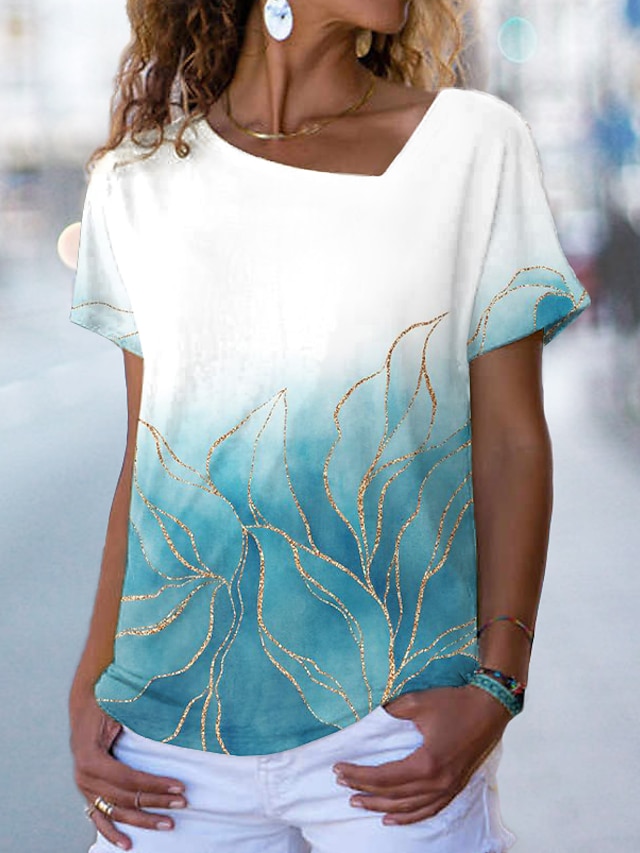  Women's Graphic Patterned Casual Weekend Abstract Painting Short Sleeve T shirt Tee V Neck Print Basic Essential Tops Green Blue Purple S / 3D Print