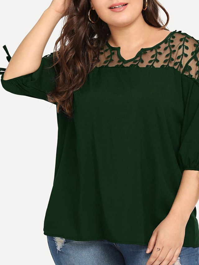 Womens Clothing Plus Size Collection | Womens Plus Size Tops T shirt Plain Lace 3/4 Length Sleeve V Neck Basic Streetwear Daily 