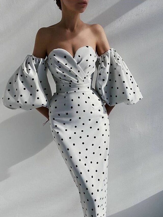 Womens Clothing Womens Dresses | Womens Bodycon Maxi long Dress White Half Sleeve Polka Dot Backless Print Spring Summer Off Sho