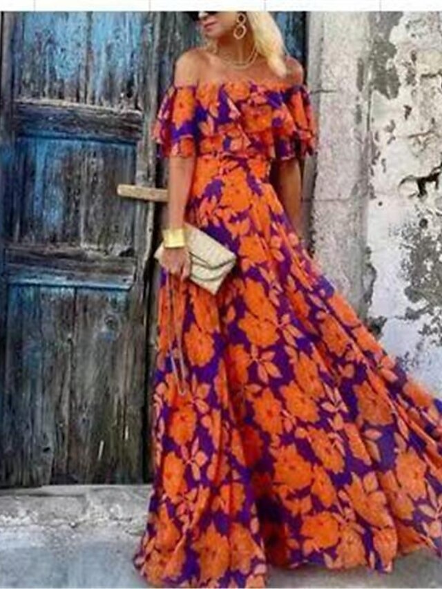 Womens Clothing Womens Dresses | Womens Swing Dress Maxi long Dress Orange Half Sleeve Print Print Fall Spring Cold Shoulder Cas