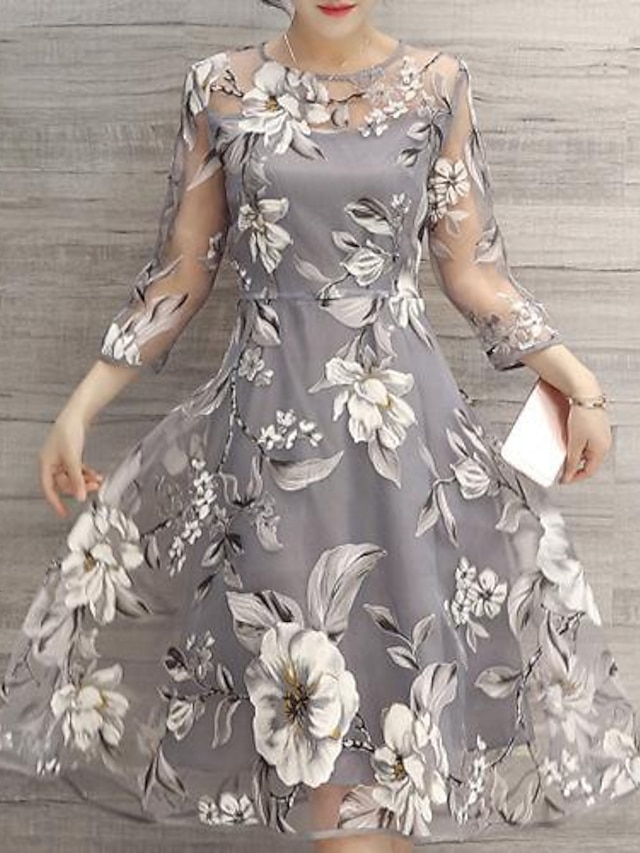 Womens Clothing Womens Dresses | Womens A Line Dress Midi Dress White Light Gray Yellow 3/4 Length Sleeve Floral Print Spring Su