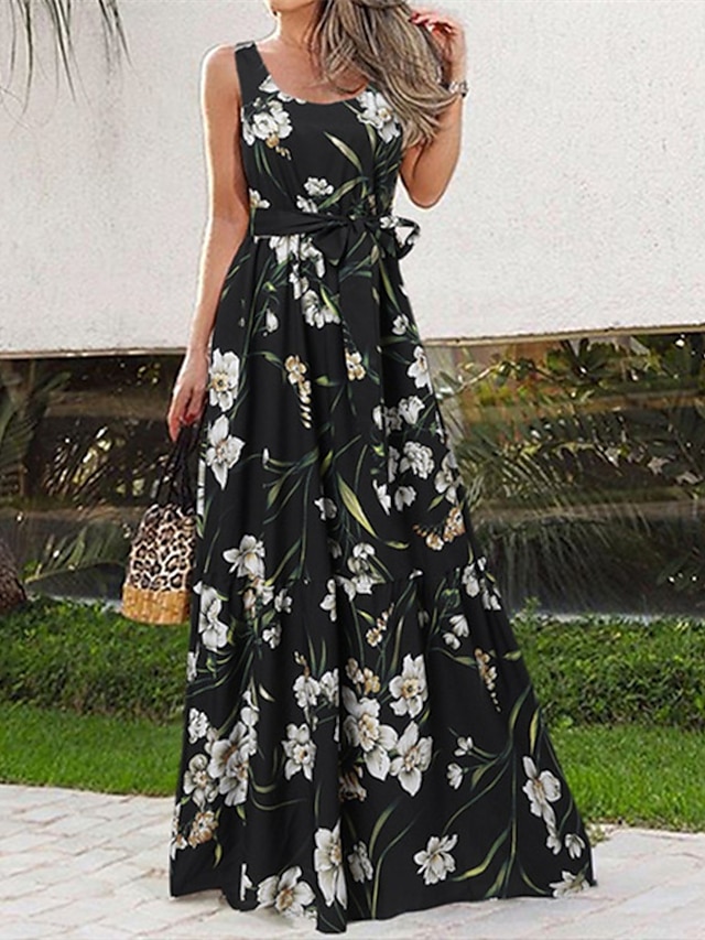 Womens Clothing Womens Dresses | Womens A Line Dress Maxi long Dress White Black Pink Red Sleeveless Floral Print Spring Summer 