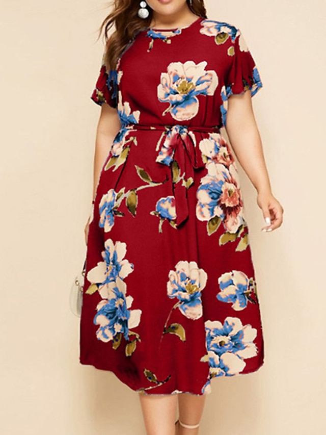 Womens Clothing Plus Size Collection | Womens Plus Size A Line Dress Floral Round Neck Print Short Sleeve Spring Summer Work Cas