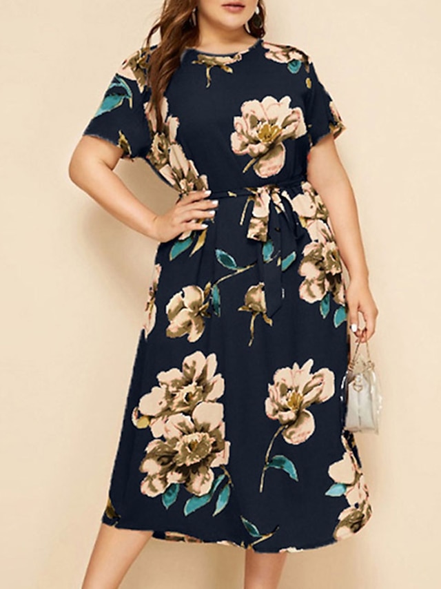 Womens Clothing Plus Size Collection | Womens Plus Size A Line Dress Floral Round Neck Print Short Sleeve Spring Summer Work Cas