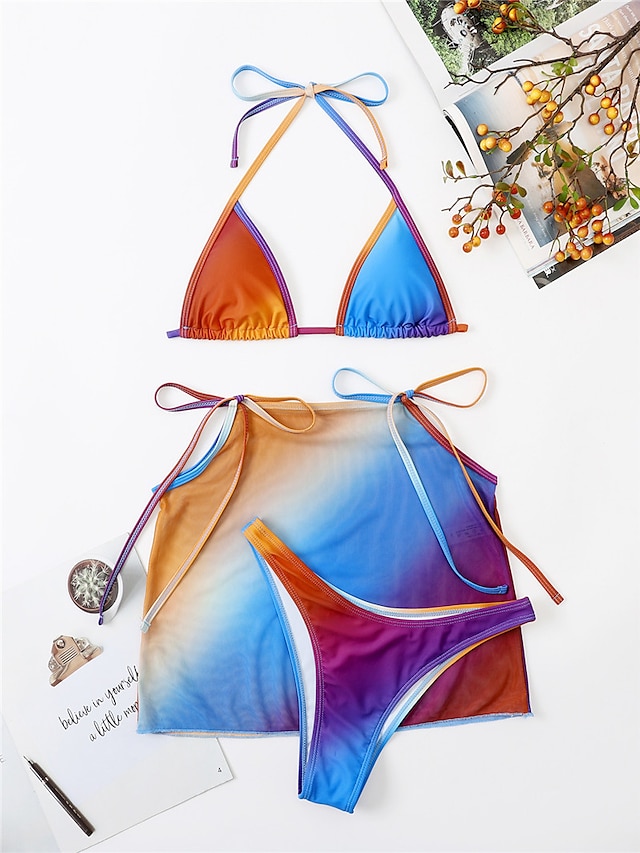 Womens Clothing Womens Swimwear | Womens Swimwear Bikini Three Piece Normal Swimsuit Open Back Printing string Gradient Color Bl