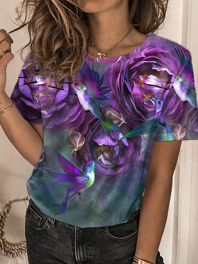  Women's Floral Design T shirt Floral Graphic Bird Print Round Neck Basic Tops Purple / 3D Print