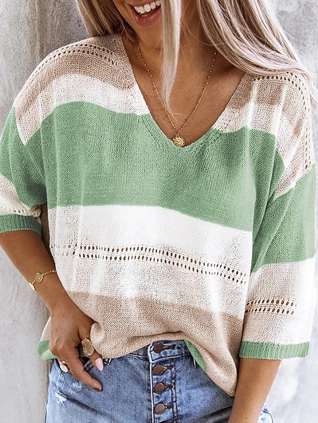 Womens Clothing Sweaters & Cardigans | Womens Pullover Sweater Jumper Knit Knitted Hole Striped V Neck Stylish Casual Daily Holi