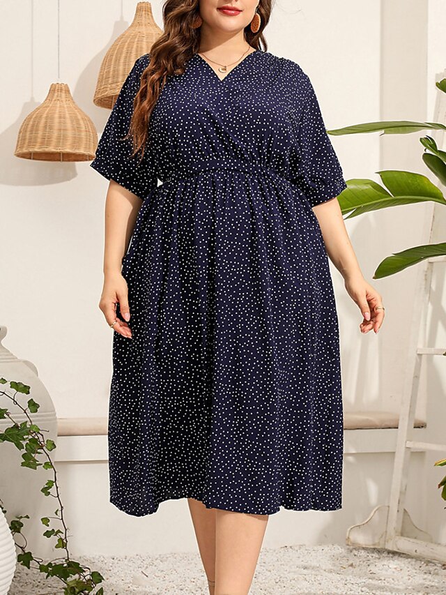 Womens Clothing Plus Size Collection | Womens Plus Size A Line Dress Polka Dot V Neck Print Half Sleeve Spring Summer Casual Mid