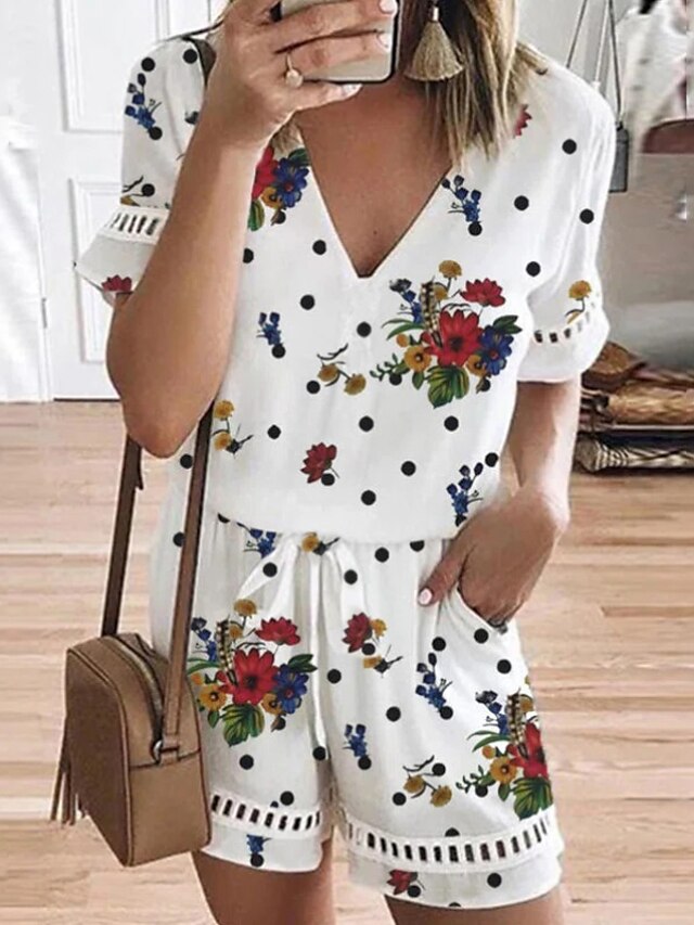 Womens Clothing Womens Jumpsuits & Rompers | Womens Romper Backless Floral V Neck Casual Home Daily Regular Fit Short Sleeve Whi