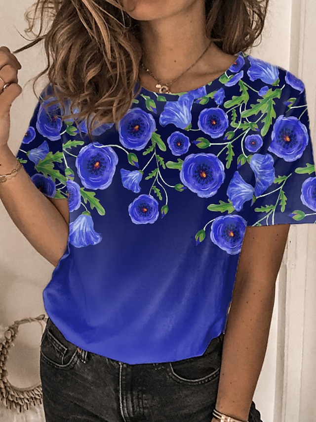 Womens Clothing Womens Tops | Womens Casual Holiday Weekend Floral Painting T shirt Tee Floral Short Sleeve Print Round Neck Bas